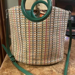 Used Kate Spade Green multi-colored Straw bucket tote bag